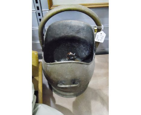 Three gentlemens' tweed suits, a brass helmet coal scuttle, a wooden doll rocking cradle and a pewter coffee pot 