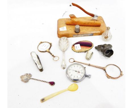 Various items including lorgnettes, cut glass scent bottle, Squirrel Lodge presentation piece of an axe in a log, etc. (1 box