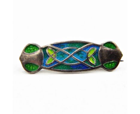 Edwardian Art Nouveau James Fenton silver and enamel brooch decorated with green and blue enamel and foliate decoration, Birm