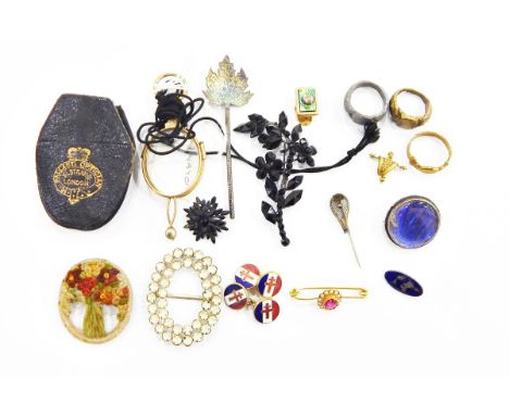 Pair of gilt metal folding lorgnette, a butterfly brooch, an enamel brooch and other costume jewellery 