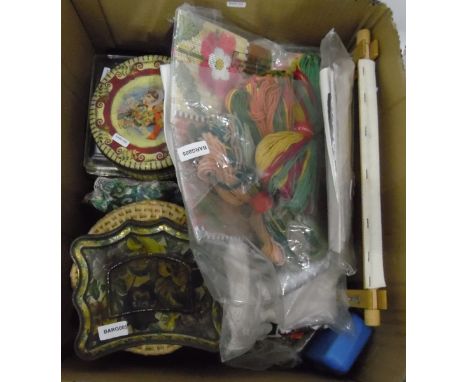 Large quantity of sewing equipment to include tapestry threads, buttons, accessories, etc. (1 box) 