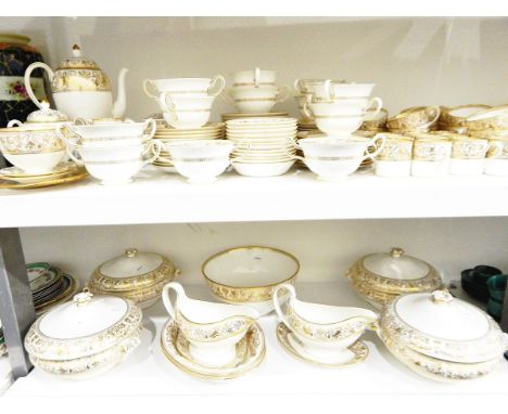 Large Wedgwood bone china dinner, tea and coffee service 'Gold Florentine' pattern W4219 to include tureens, large bowls, sau