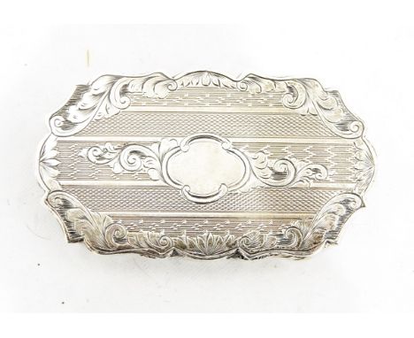 Victorian silver snuff box by Francis Clark, Birmingham 1847, of shaped oval form with engine turned and engraved scroll deco