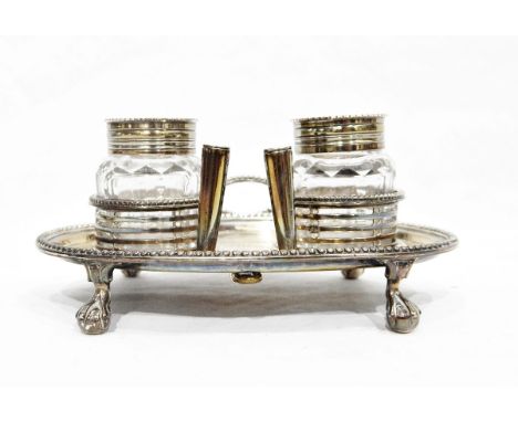 Small George III silver inkstand by Burrage Davenport, London 1778, of oval form fitted with silver mounted cut glass sander 