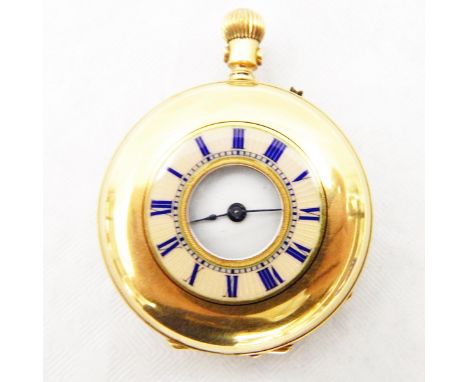 18ct gold cased lady's half-hunter pocket watch with enamel dial and Roman numerals 