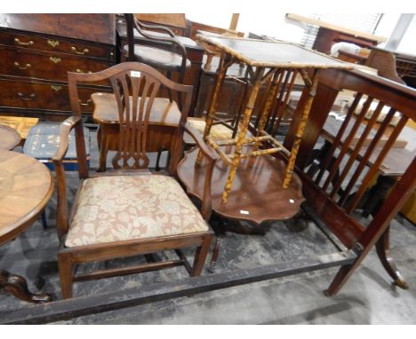 Old Hepplewhite style mahogany open armchair with splat back and drop in seat, a rectangular top bamboo side table, a mahogan