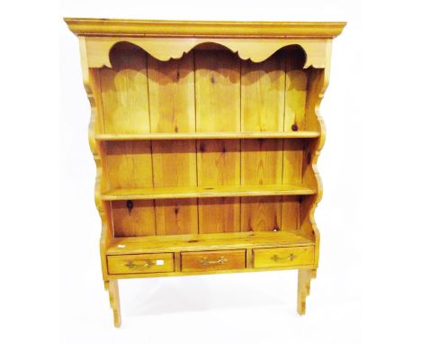 Pine open shelf plate-rack with three frieze drawers, width 87cm 