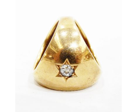 Gold-coloured metal and diamond scarf ring, domed, with three apertures and set with old cut diamonds, inscribed '15ct' 