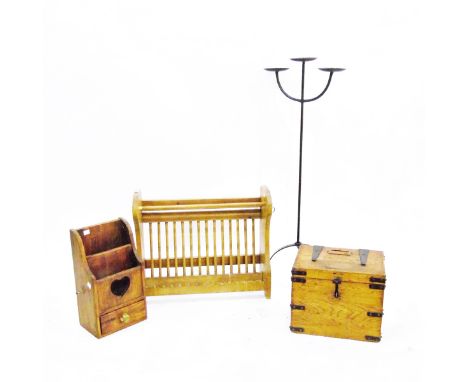 Wooden larder shelf with drawer, a small wooden casket with metal mounts and hinge, a metal candlestick and a wooden dish rac