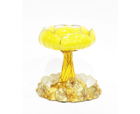 19th century Royal Worcester table centrepiece in the form of a lotus flower, yellow petals with gilt borders, supported on e