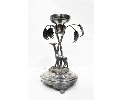 Silver plated centrepiece, the stem modelled as a giraffe beneath branches, on circular base with three bracket feet (missing