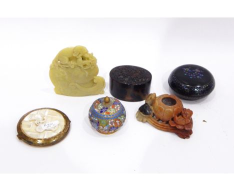 Carved soapstone brushwasher, carved soapstone model dragon, cloisonne, papier-mache and other trinket boxes and a medallion 