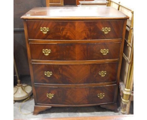 Reproduction mahogany bow front chest with four long graduated drawers on splayed bracket feet, width 79cm and a brass and on