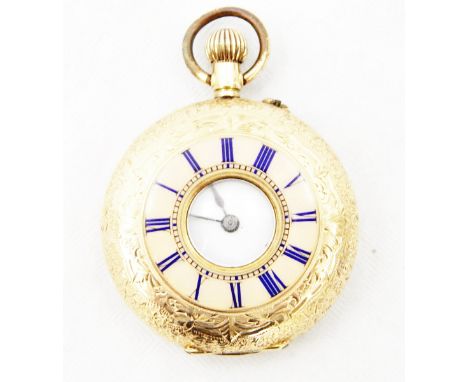 14ct gold cased lady's half-hunter pocket watch with overall bright-cut engraving, enamel dial with Roman numerals (PLEASE NO