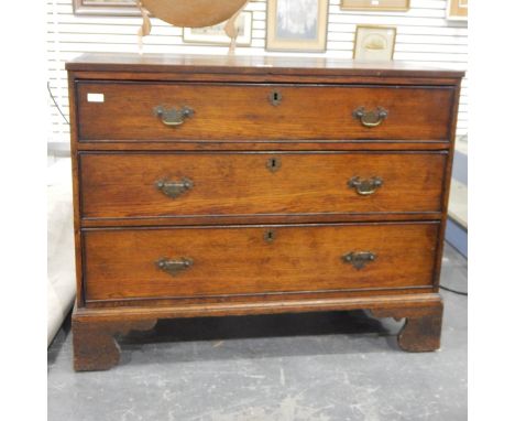 Old oak chest of drawers with cross-banded edged border, three long drawers, raised on bracket feet, width 100cm 