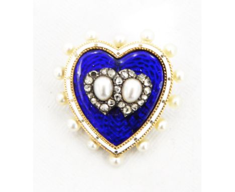 Victorian gold-coloured metal, diamond, pearl and enamel mourning brooch, heart-shaped with pearl applied border, the centre 