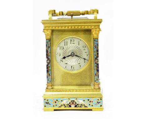 Fine French Richard & Co carriage clock with champleve enamel floral panels, silvered dial, repeat striking movement, marked 