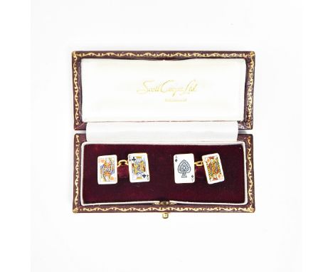 Pair of 9ct gold enamelled cufflinks, each rectangular plate enamelled with a playing card and with chain links 