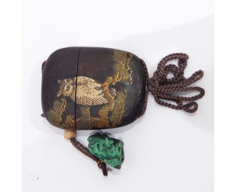 Japanese carved wood inro with painted and lacquered decoration of an owl on a pine branch, with crescent moon, with signatur