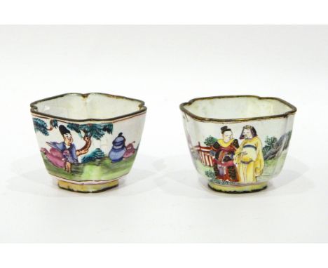 Pair of 18th century Chinese Canton enamel tea bowls and saucers, square form, decorated with figures (damage to enamel) 