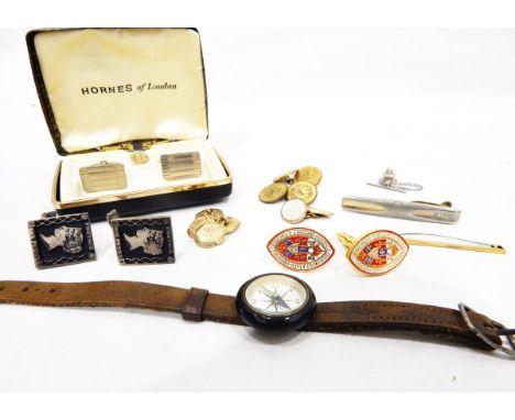 Pair of Victorian rolled gold cufflinks of lobed design with engraved decoration, various other cufflinks, a compass mounted 