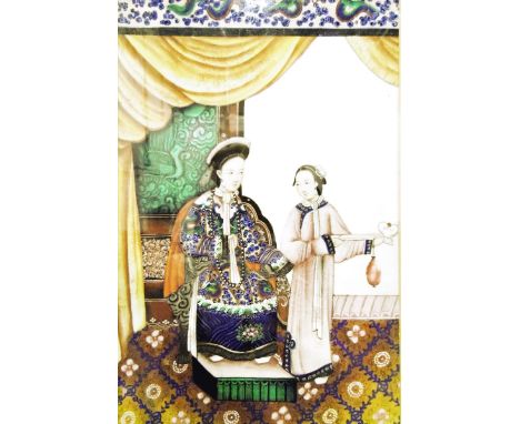 Pair of Chinese portrait paintings, each featuring a seated robed figure with an attendant holding a rui sceptre, each 29cm x