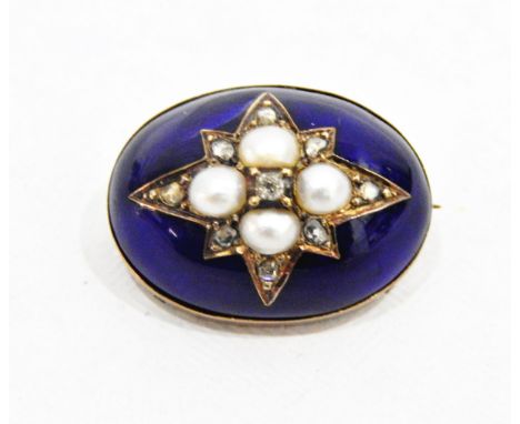 Victorian enamel, diamond and pearl brooch, gold-coloured metal, oval and domed, set with pearl and old cut diamonds in star 