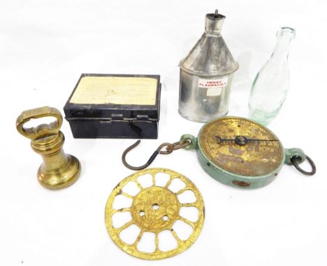 Various collectables to include stamps, army dating stamps set, signals  MKII,, brass weight, old Schweppes bottle, a Salter 