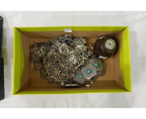 Quantity of foreign silver-coloured metal costume jewellery, table thermometer set in hardstone base and a miniature metal fr