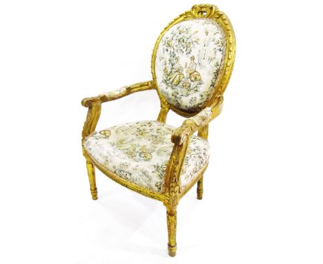 Pair of Louis Quinze style cameo-backed giltwood chairs with tapestry fabric upholstered back and seat and padded arms (2) 