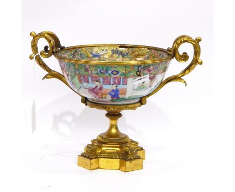 Ormolu-mounted Chinese famille rose porcelain pedestal bowl, the bowl decorated with figures (damaged), having ormolu foliate