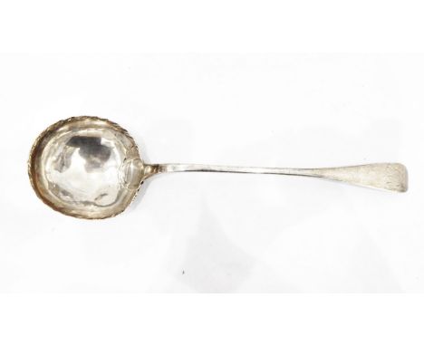 George III Scottish silver ladle by Alexander Gairdner, Edinburgh 1768, with feather-edged bowl, 37cm long (solder repair to 