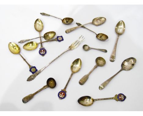 Quantity of silver teaspoons including enamel souvenir examples, apostle finial examples, a Georgian mustard spoon, etc. 