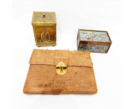 Leather writing case, embossed copper caddy and a wooden decorative glass panelled box (3) 