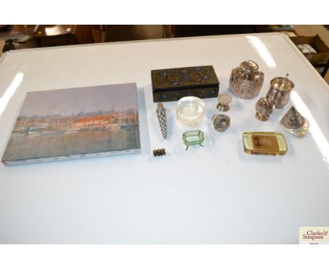 A box of various plated items including a tea caddy, small Christening type mug, a lacquered trinket box etc.