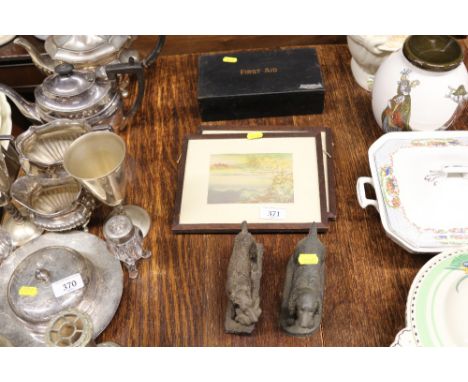 Two Heredities dog ornaments; a pair of coloured prints and a vintage First Aid box