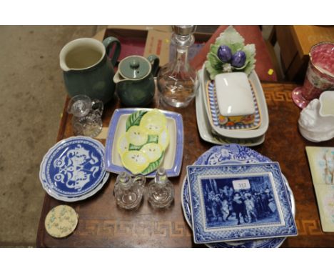 A quantity of blue and white china to include Copeland Spode "Italian" pattern; Denby coffee pot and milk jug; decanter; crue