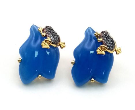A Pair of Blue Jade and Gilded Topaz Frog Earrings. 