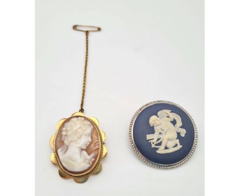 A Vintage 9K Yellow Gold (tested) Cameo Brooch  - with safety pin - Plus a blue Wedgewood ceramic brooch on silver. Gold came