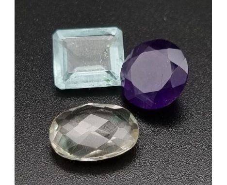 Lot of 3 Gemstones - 4.80 Ct Mixed Cut Green Amethyst, 5.10 Ct Mixed Cut Amethyst, 4.47 Ct Mixed Cut Aquamarine, Oval, Round,