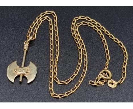An 18K Yellow Double-Axe Pendant on an 18K Yellow Gold Chain. 3 and 44cm. 7.94g. 