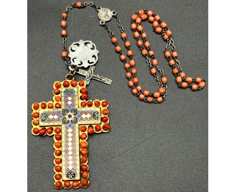 Antique Victorian coral necklace with rosary beads together with one enamel coral cross. total length of necklace 29cm 