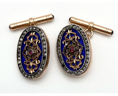 A PAIR OF RUSSIAN SOLID 14K GOLD ,ENAMEL AND DIAMOND CUFFLINKS.  16.9gms 
