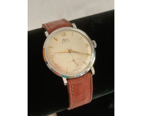 Rare Vintage 1950/60?s  ELCO BIMATIC wristwatch, Swiss made in full working order, manual/automatic movement, Brown leather s