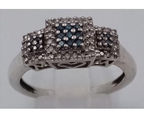 STERLING SILVER DIAMOND SET TRIPLE CLUSTER RING 3.7G SIZE R 