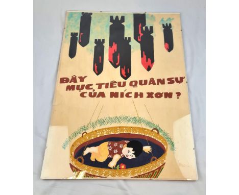 An Original 1970?s Vietnam War Hand Painted Propaganda Poster (translation ?Nixon?s Main Goal? in protective frame 70 x 50 cm