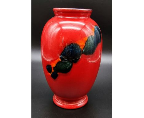 A Lovely Poole Pottery Red and Green Glazed Vase. Rich blue interior. 20cm tall. 