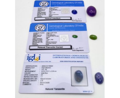 Lot of 3 Gemstones - 3.25 Ct Cabochon Tsavorite Garnet, 23.60 Ct Cabochon Amethyst, 7.67 ct Cabochon Tanzanite, Oval Shape, G