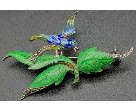 An Antique French 935 Silver and Enamel Bird and Leaf Brooch. 4.5 x 2.5cm 