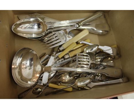 Three good large plated serving spoons, a similar ladle and other plated flatware.